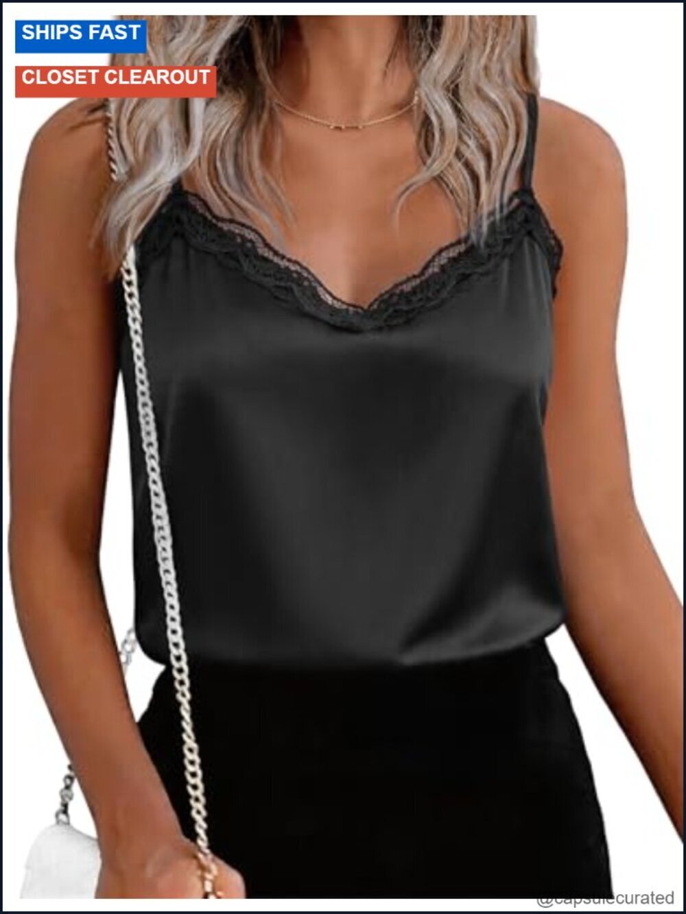 Women's Satin Lace Trim Camisole Tank Top V-Neck Sleeveless Blouse